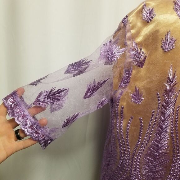 Vintage Handmade African Dishaki Shirt  Embroidered Lavender Floral Authentic M - Picture 6 of 9